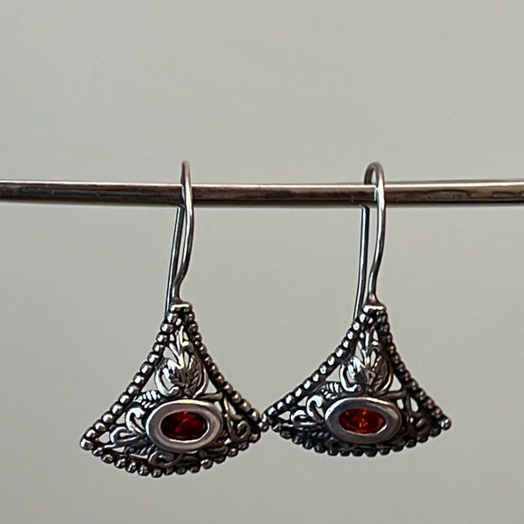 Silver Fan Shaped Red Gemstone Earrings - Picture 1 of 3